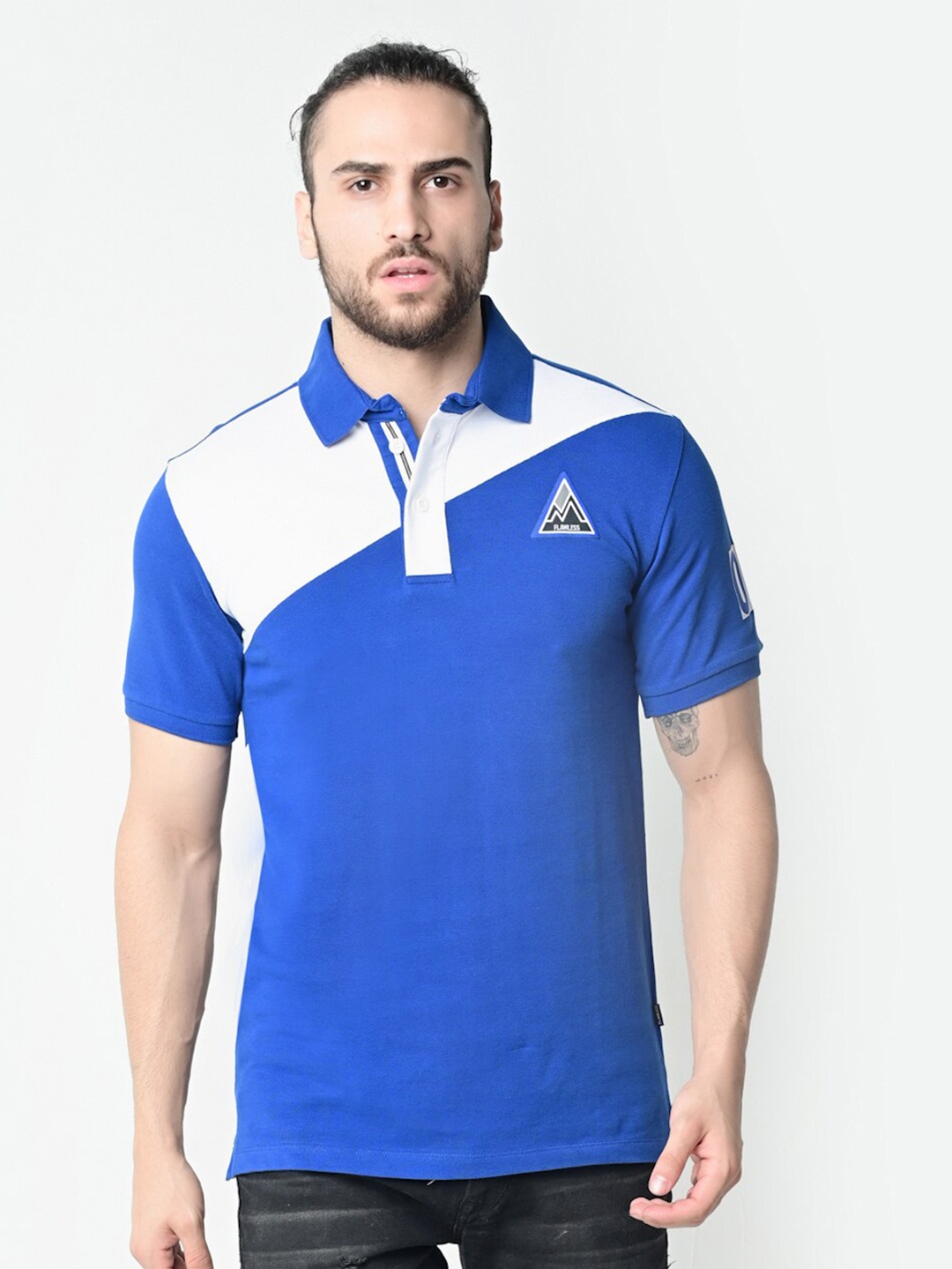 

FLAWLESS Men Blue Colourblocked Polo Collar T-shirt