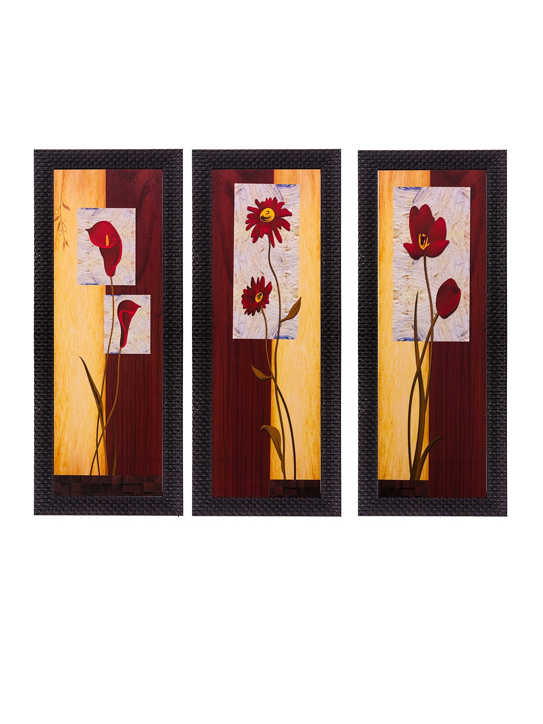 

eCraftIndia Set of 3 Maroon & Beige Floral UV Wall Art