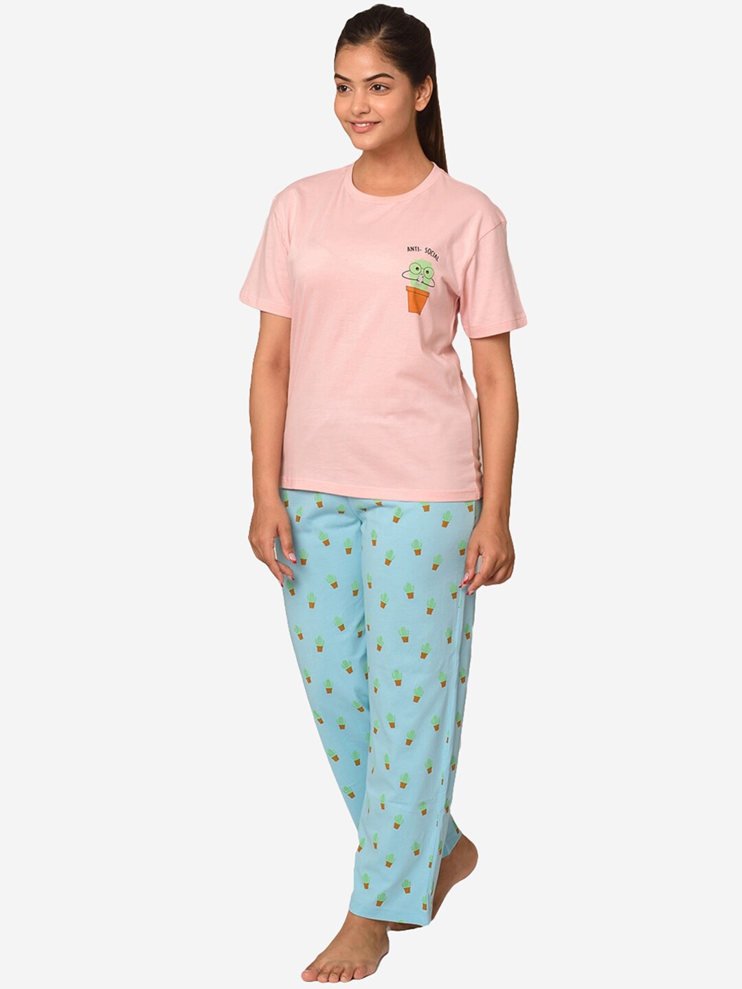 

Soxytoes Women Pink & Blue Anti-Social Printed Cotton Night suit