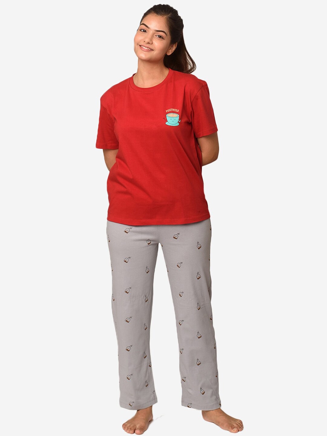 

Soxytoes Women Red & Grey Positivitea Printed Night Suit