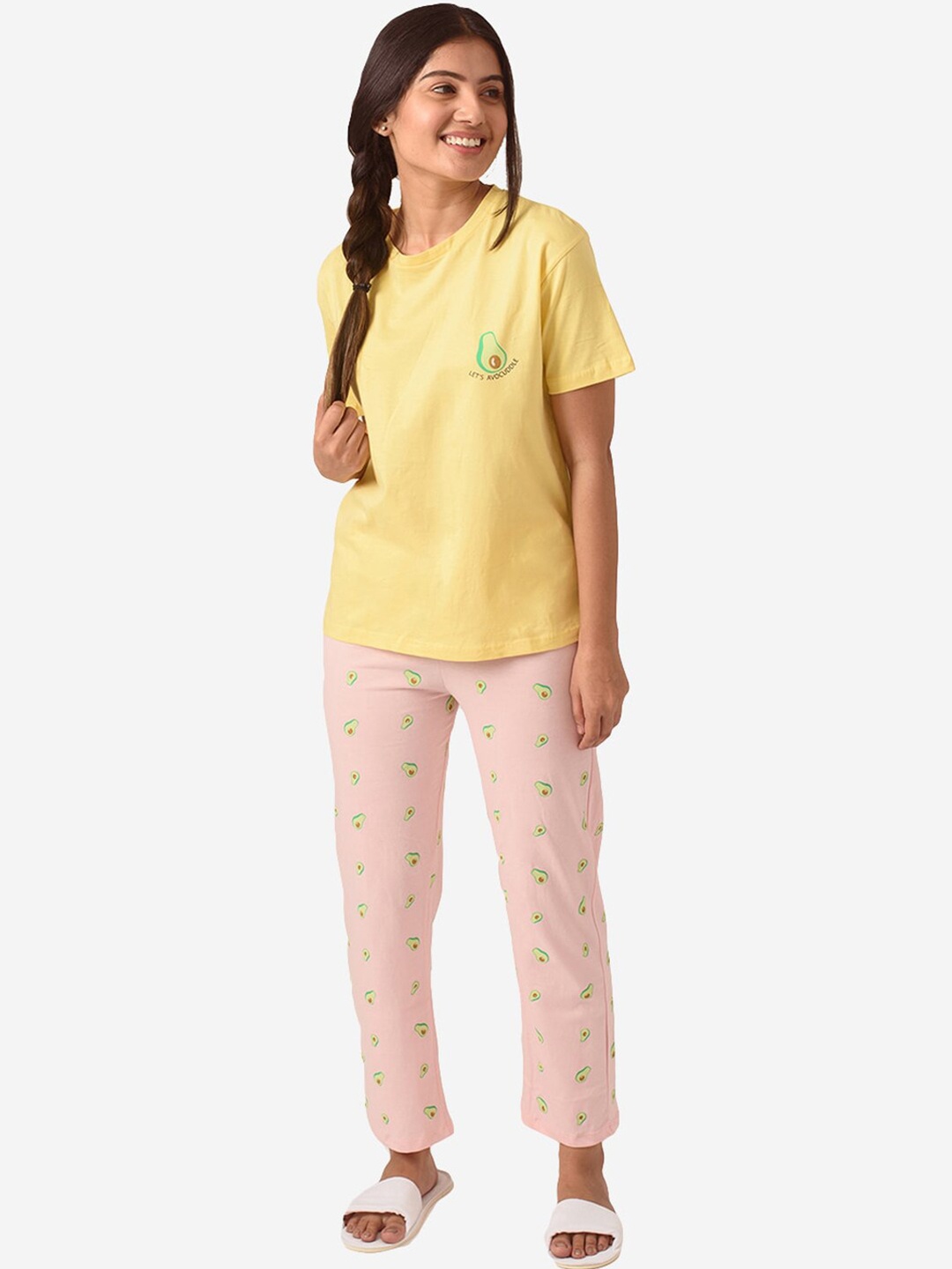 

Soxytoes Women Yellow & Pink Avocuddle Printed Pure Cotton Night suit