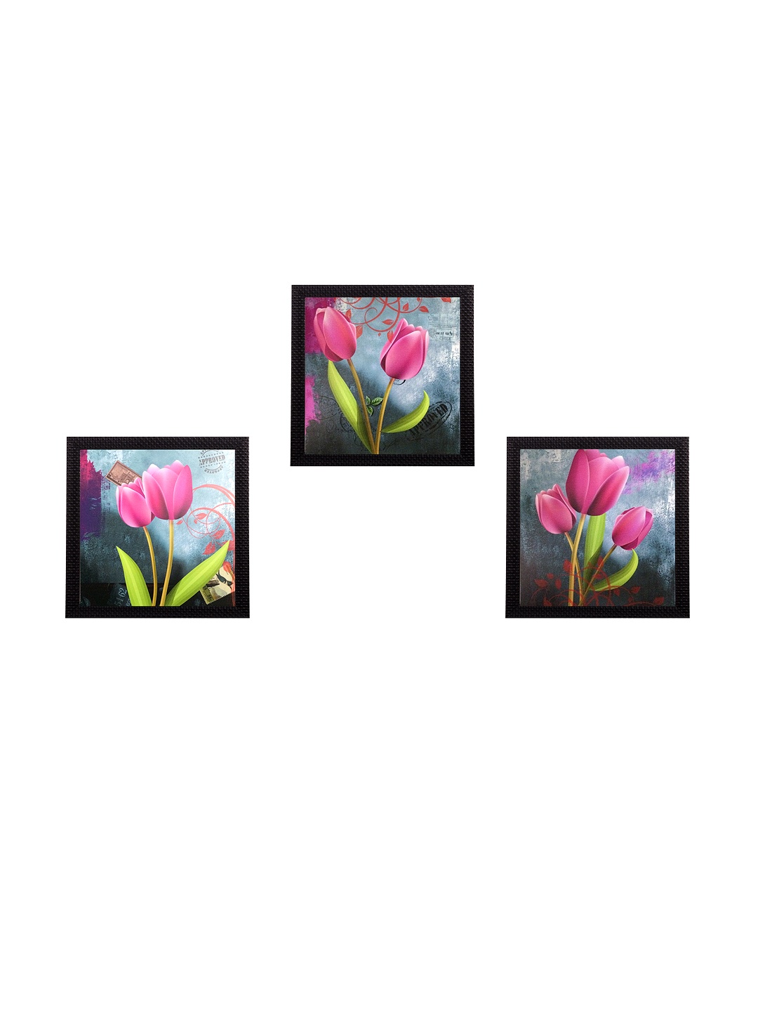 

eCraftIndia Set of 3 Blue & Pink Floral UV Wall Art