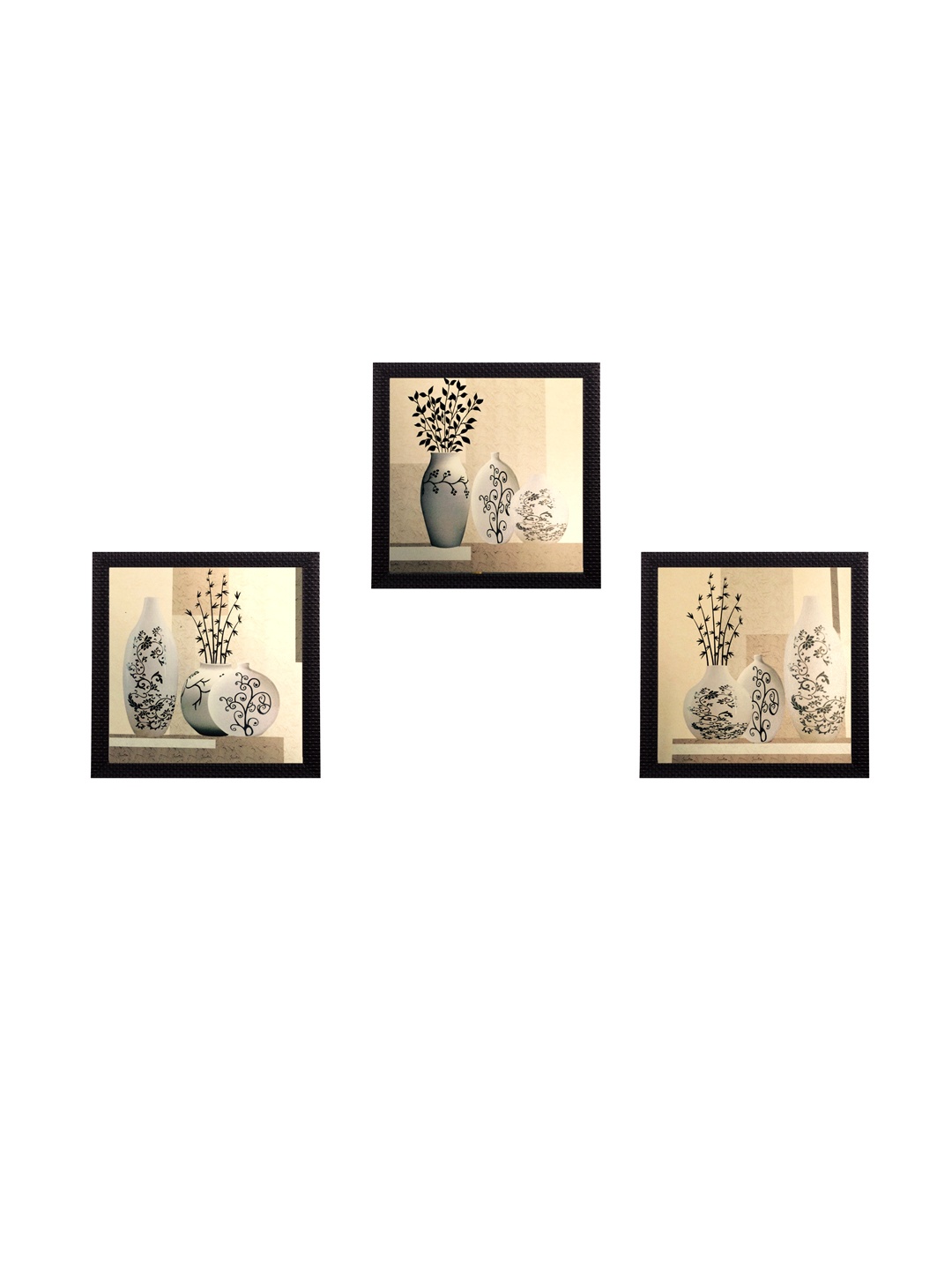 

eCraftIndia Set of 3 Beige Floral UV Wall Art