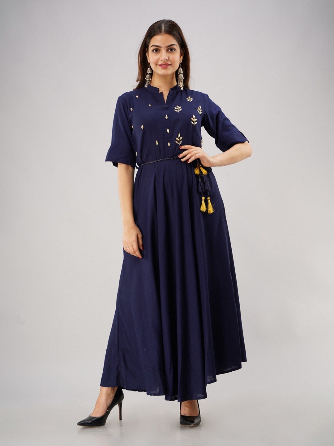 

VEDANA Navy Blue Ethnic Maxi Dress