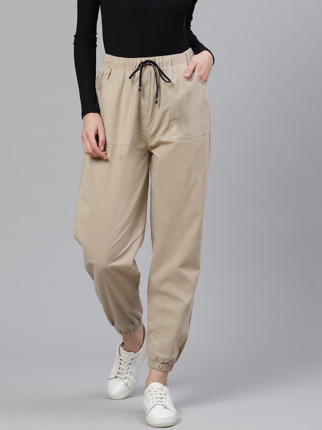 

Orchid Hues Women Beige Loose Fit High-Rise Joggers Trousers