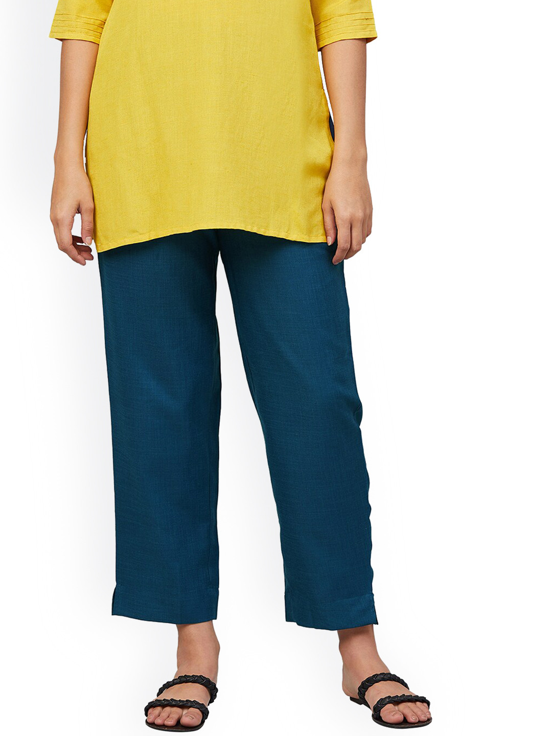 

Orchid Hues Women Navy Blue Tapered Fit High-Rise Trousers