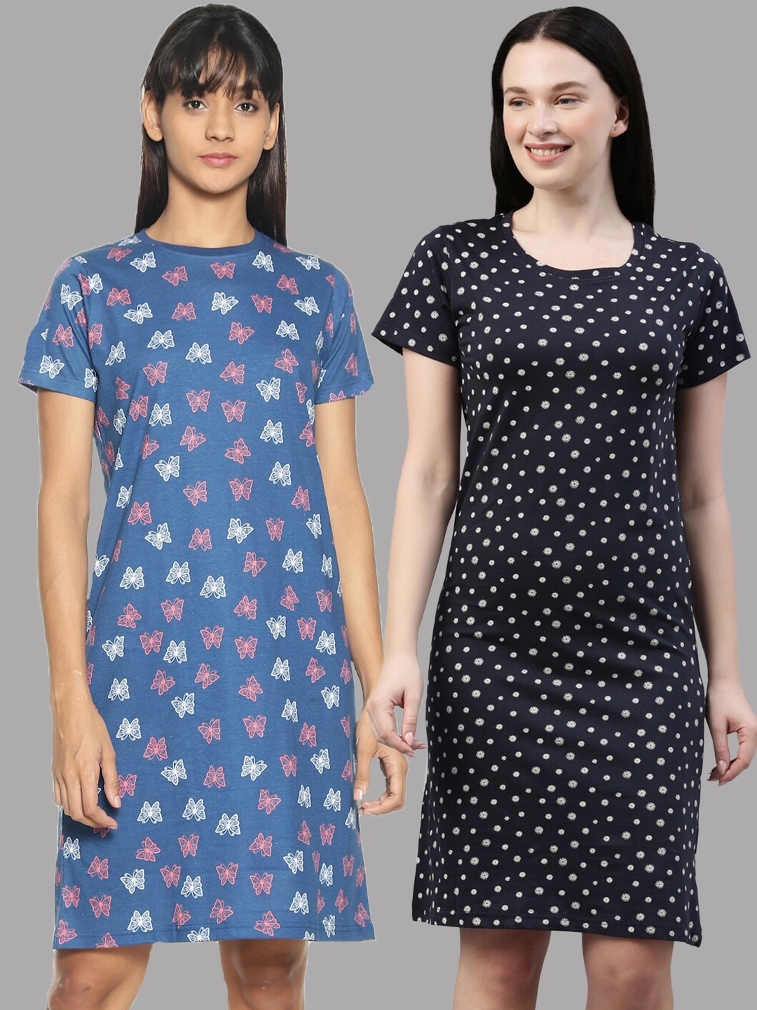 

Kryptic Women 100% Cotton Printed Night Dress Pack Of 2, Navy blue
