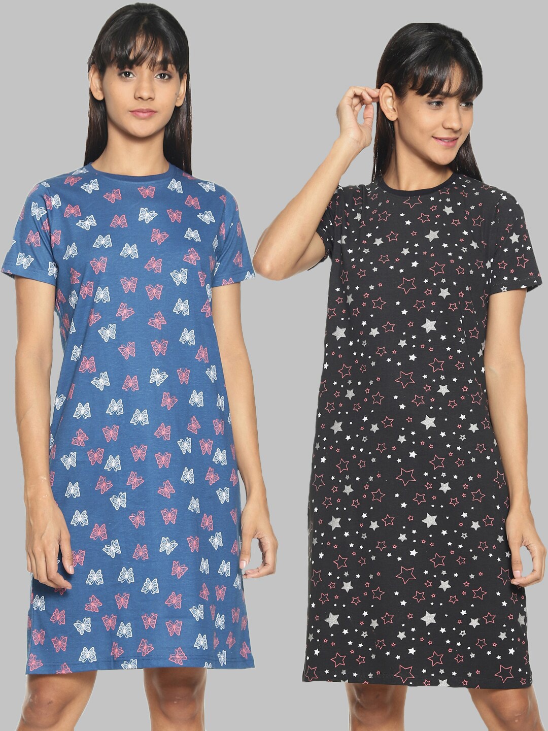 

Kryptic Pack of 2 Navy Blue & Black Printed Cotton Nightdress
