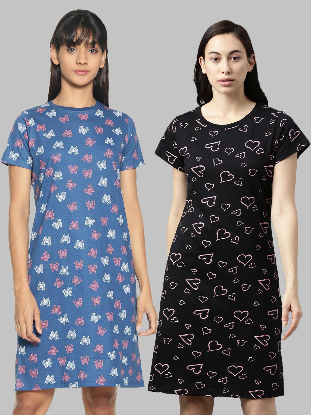 

Kryptic Pack Of 2 Navy Blue & Black Printed Pure Cotton Nightdress