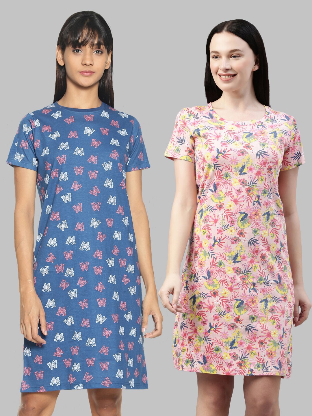 

Kryptic Pack Of 2 Navy Blue & Pink Printed Pure Cotton Nightdress