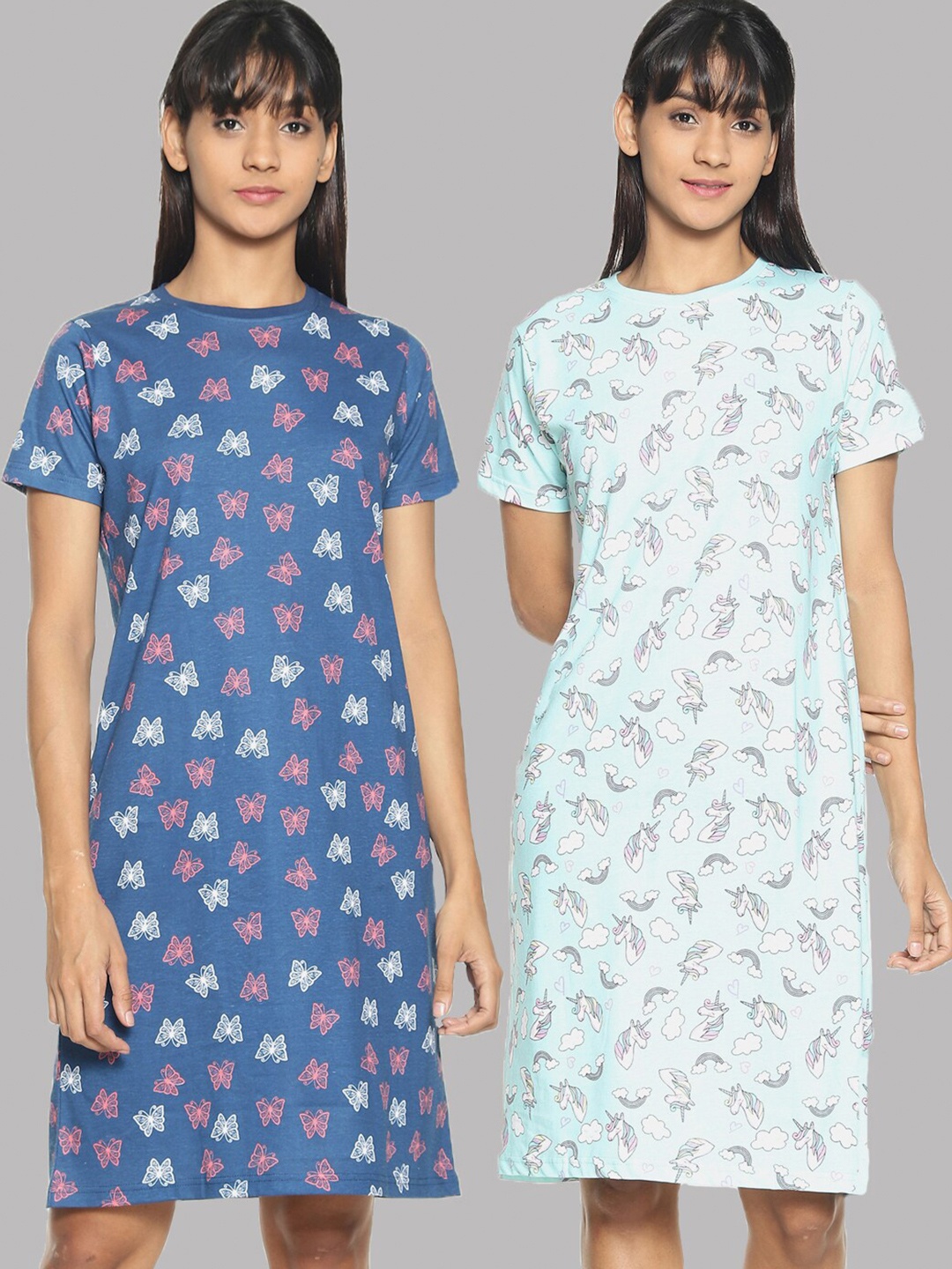 

Kryptic Pack of 2 Navy Blue & Turquoise Blue Conversational Printed Pure Cotton Nightdress