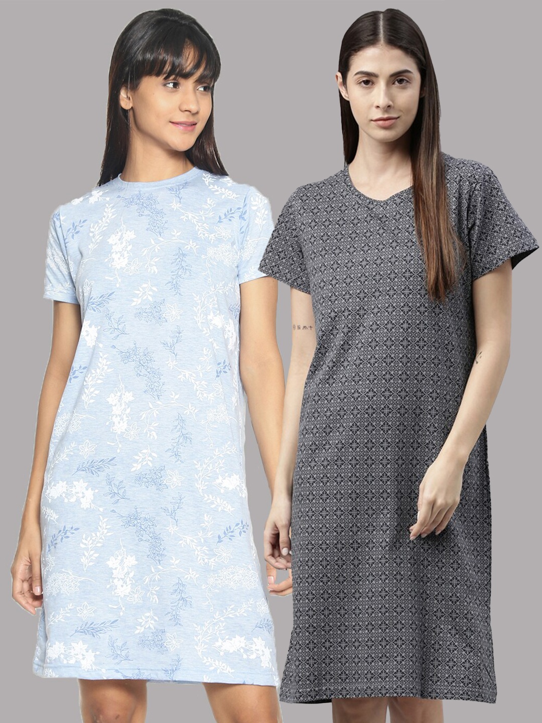 

Kryptic Blue & Grey Pack of 2 Pure Cotton Printed Nightdress