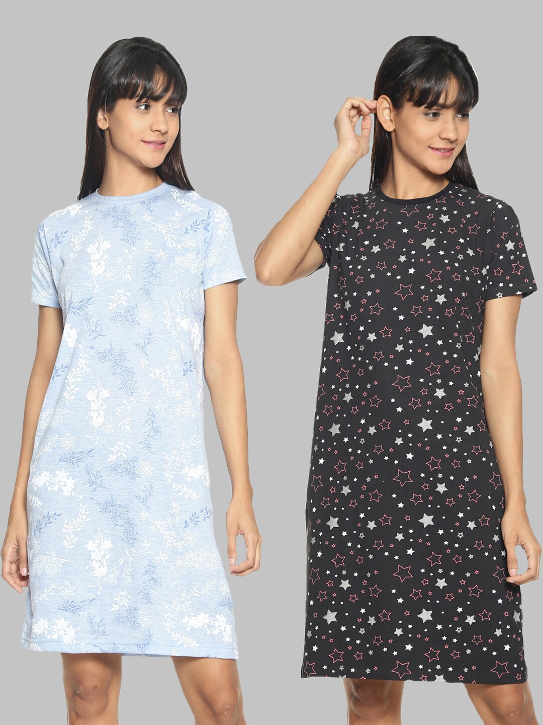 

Kryptic Pack of 2 Blue & Black Cotton Printed Nightdress