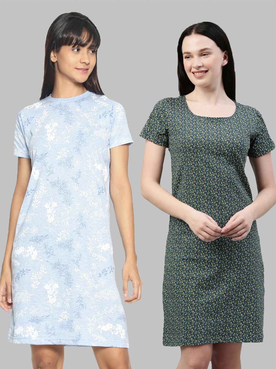 

Kryptic Pack Of 2 Green & Blue Printed Nightdress