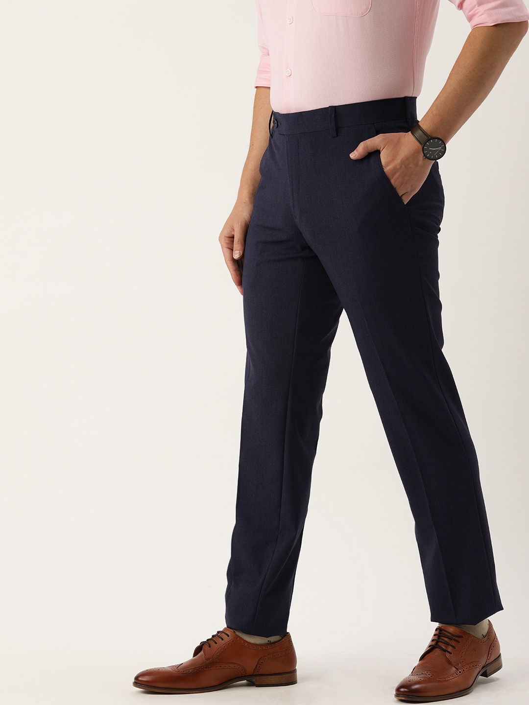 

Peter England Men Navy Blue Textured Mid Rise Slim Fit Trousers