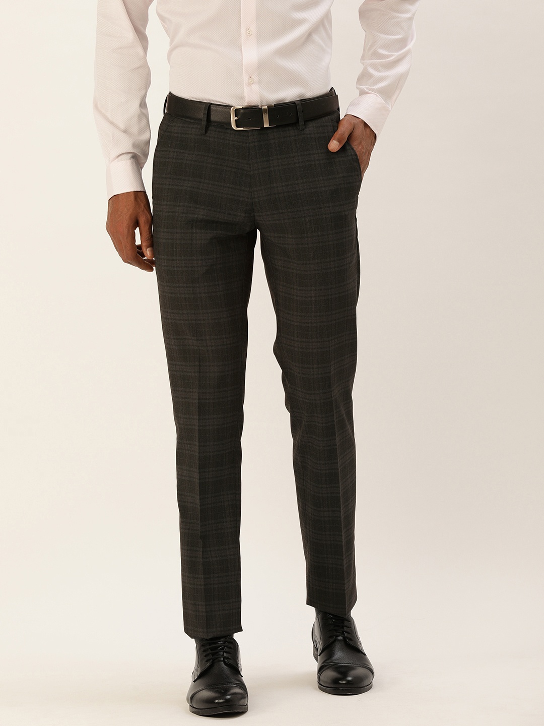 

Peter England Men Charcoal Checked Slim Fit Formal Trousers