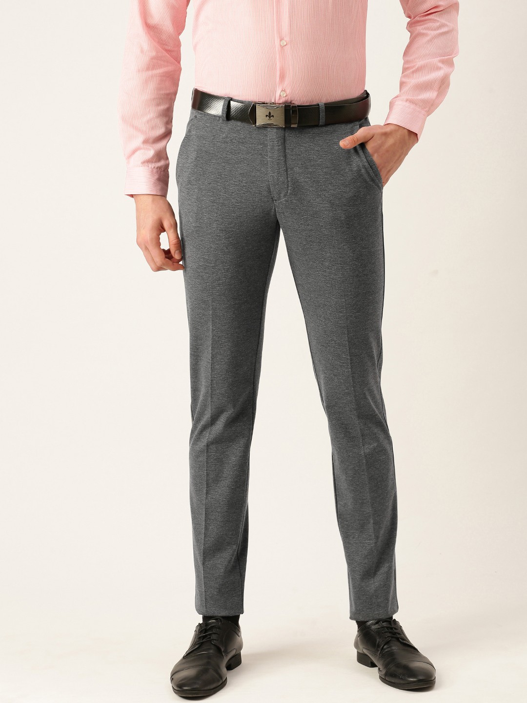 

Peter England Men Charcoal Self Designed Slim Fit Trousers