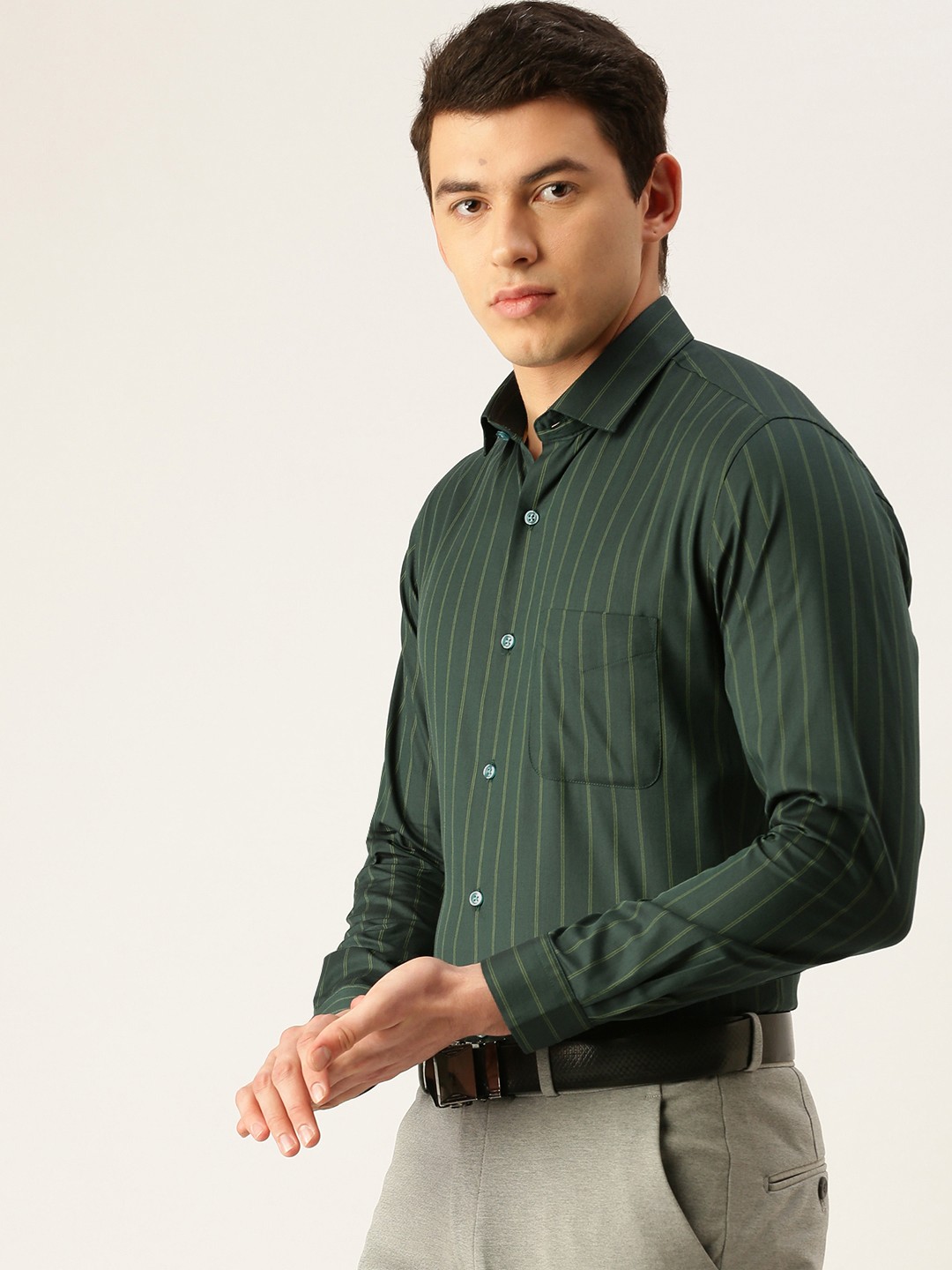 

Peter England Men Dark Green Slim Fit Striped Formal Shirt