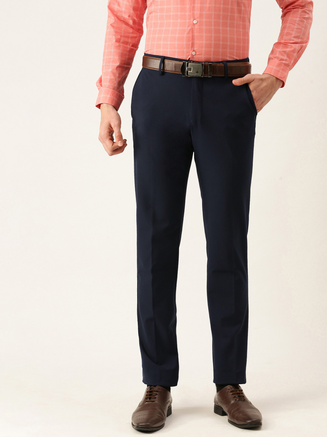 

Peter England Men Navy Blue Neo Slim Fit Solid Mid Rise Formal Trousers