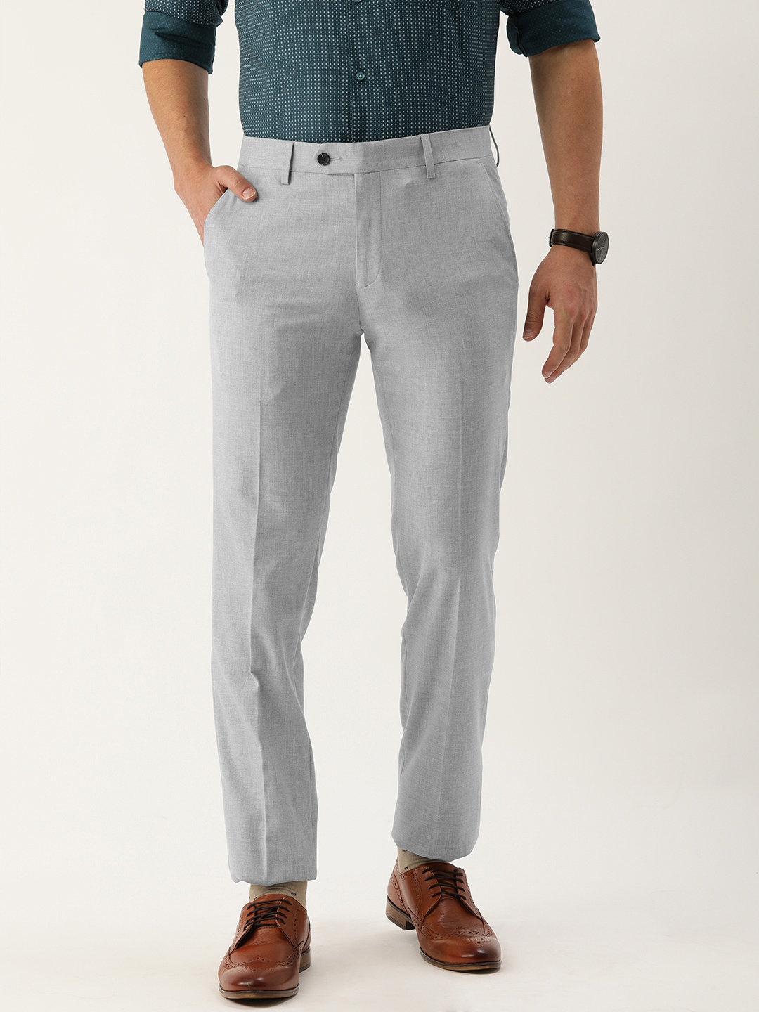 

Peter England Men Light Grey Textured Mid Rise Slim Fit Trousers