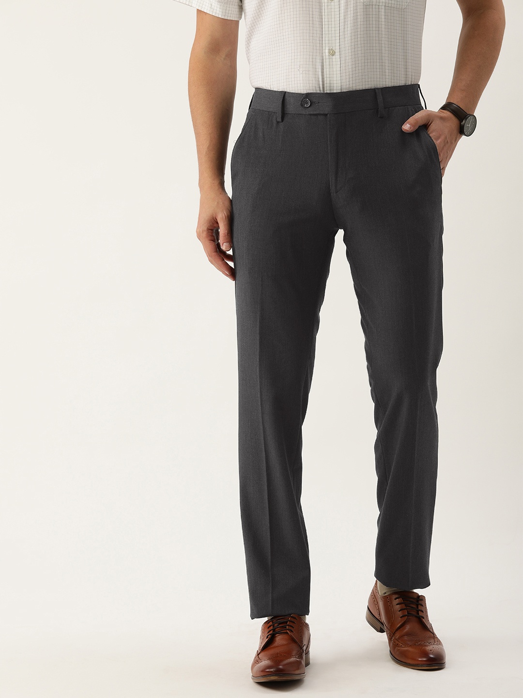 

Peter England Men Charcoal Textured Mid Rise Slim Fit Trousers