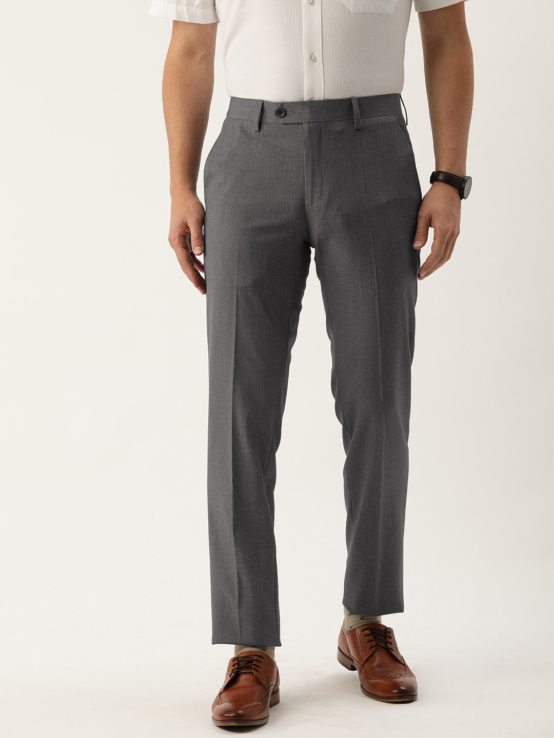 

Peter England Men Medium Grey Textured Mid Rise Slim Fit Trousers