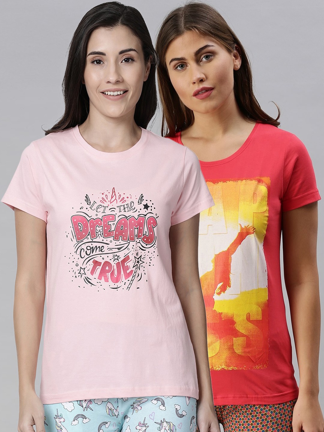 

Kryptic Women Pack Of 2 Printed Pure Cotton Lounge T-Shirts, Pink