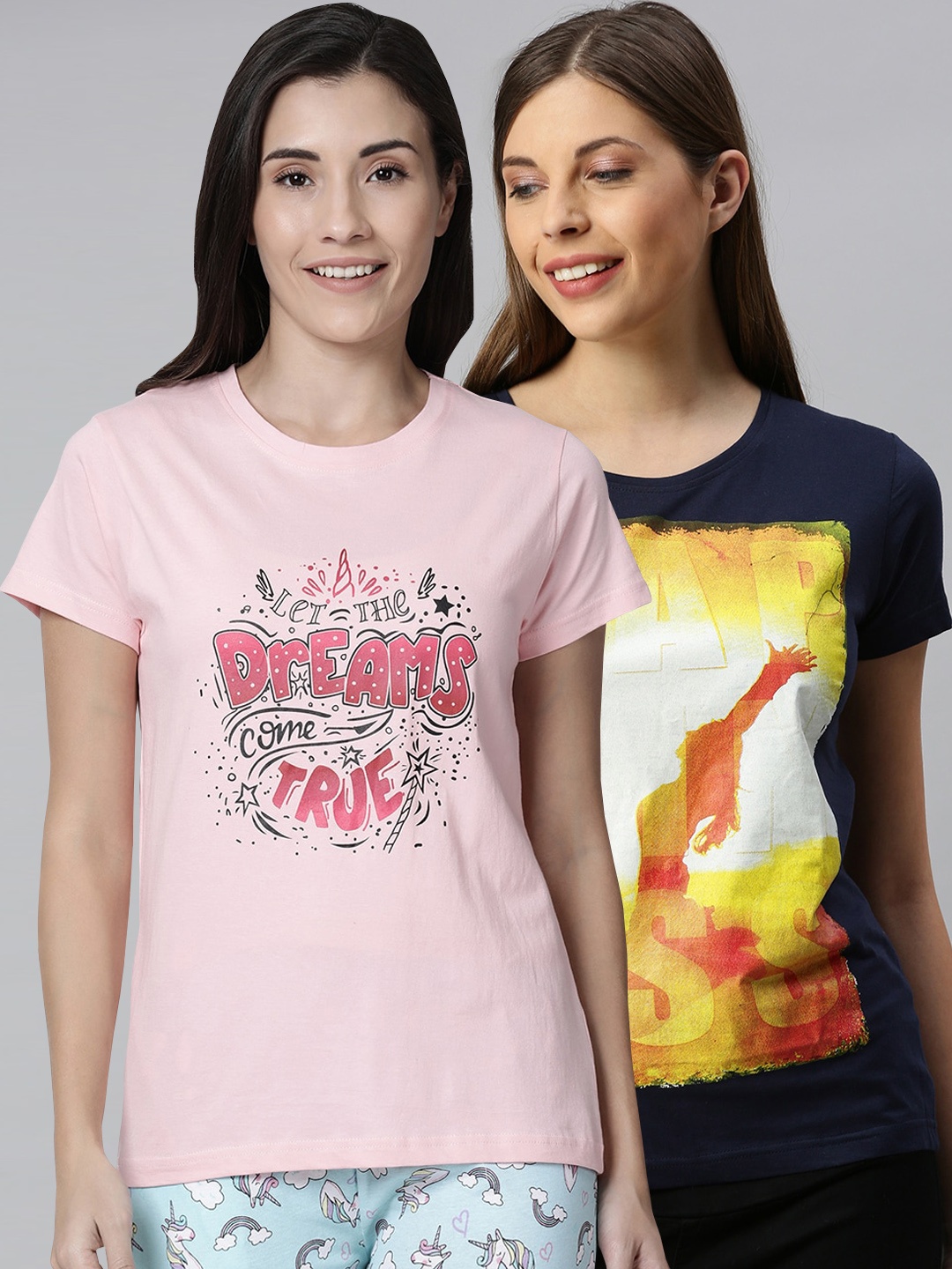 

Kryptic Women Pack of 2 Printed Pure Cotton Lounge T Shirts, Pink