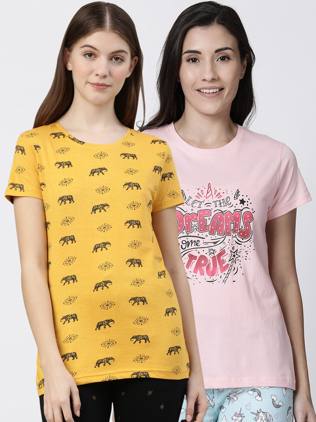 

Kryptic Women Pack of 2 Printed Pure Cotton Lounge T-Shirts, Pink