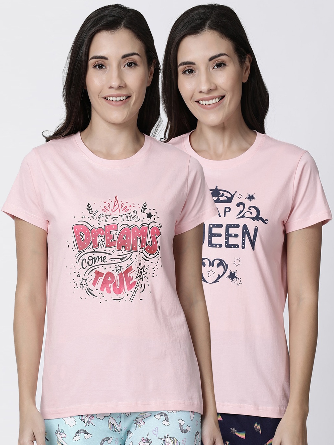 

Kryptic Women Pack of 2 Printed Pure Cotton Lounge T Shirts, Pink
