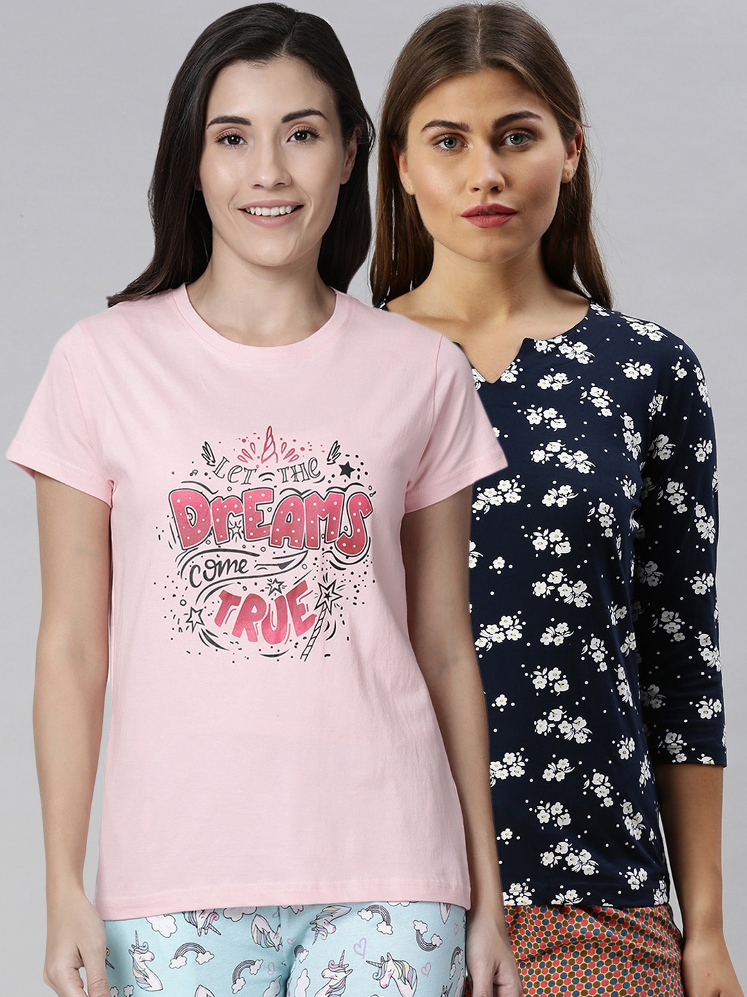 

Kryptic Pack of 2 Women Printed Pure Cotton Lounge T-Shirts, Pink
