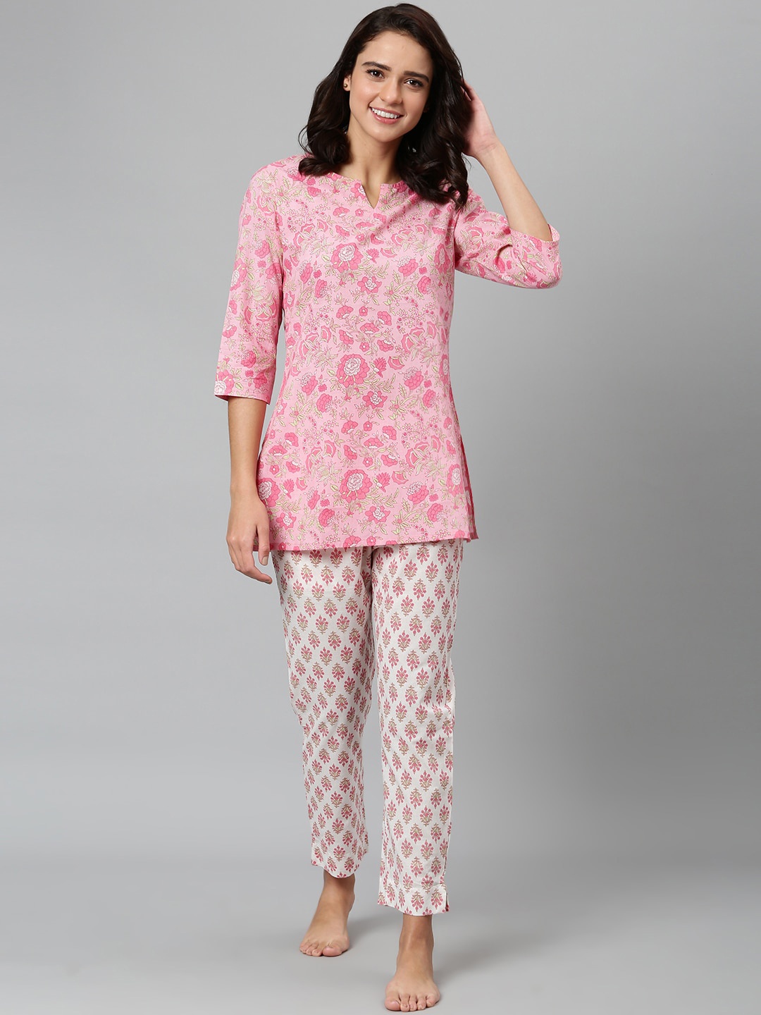 

Khushal K Women Pink & White Printed Pure Cotton Night suit