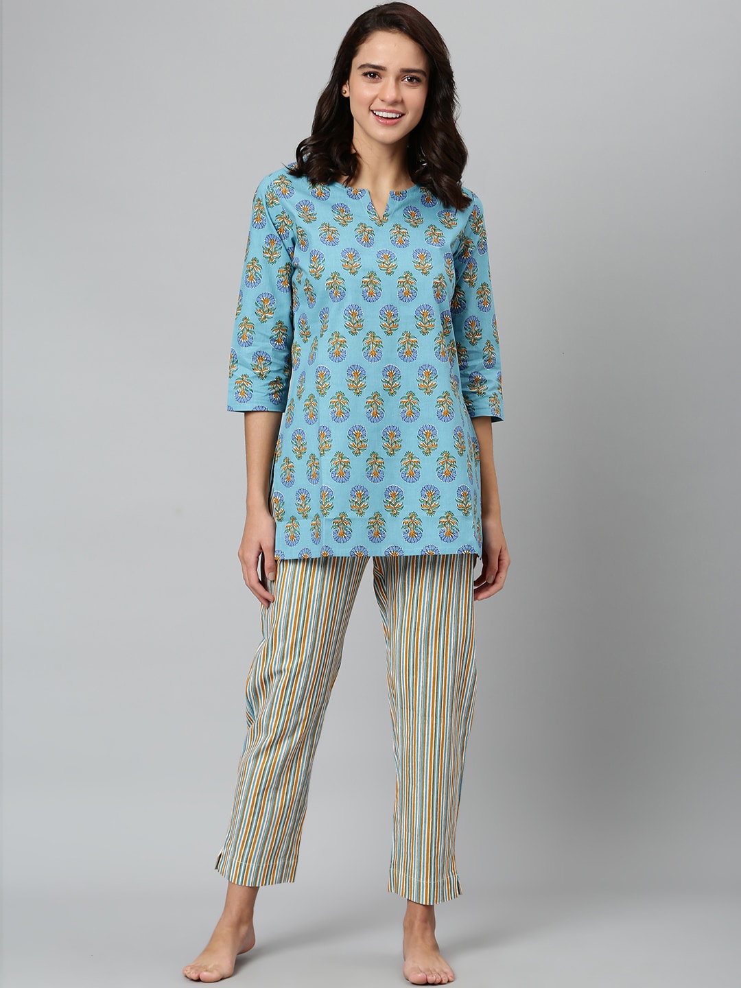 

Khushal K Women Blue & Mustard Cotton Printed Night suit