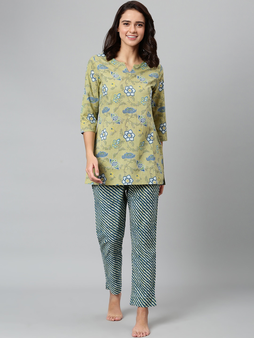 

Khushal K Women Green & Blue Printed Cotton Night suit