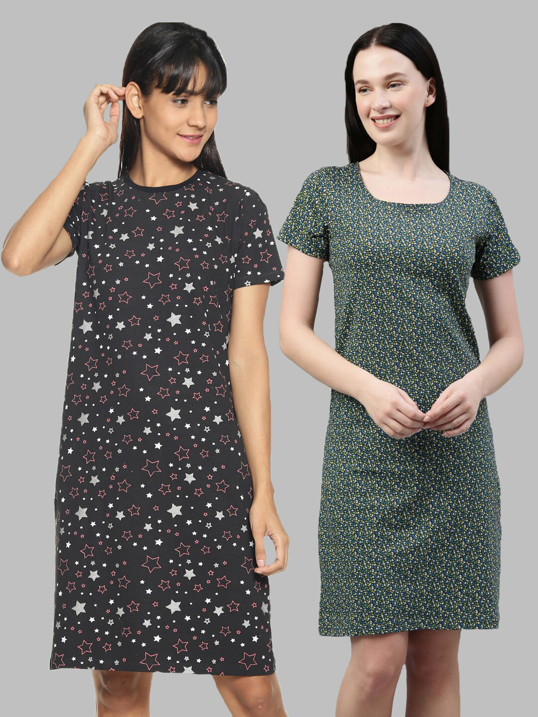 

Kryptic Pack Of 2 Black & Green Printed Pure Cotton Nightdress