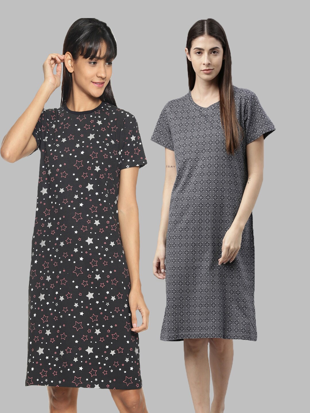 

Kryptic Women Pack Of 2 Printed Nightdress, Black