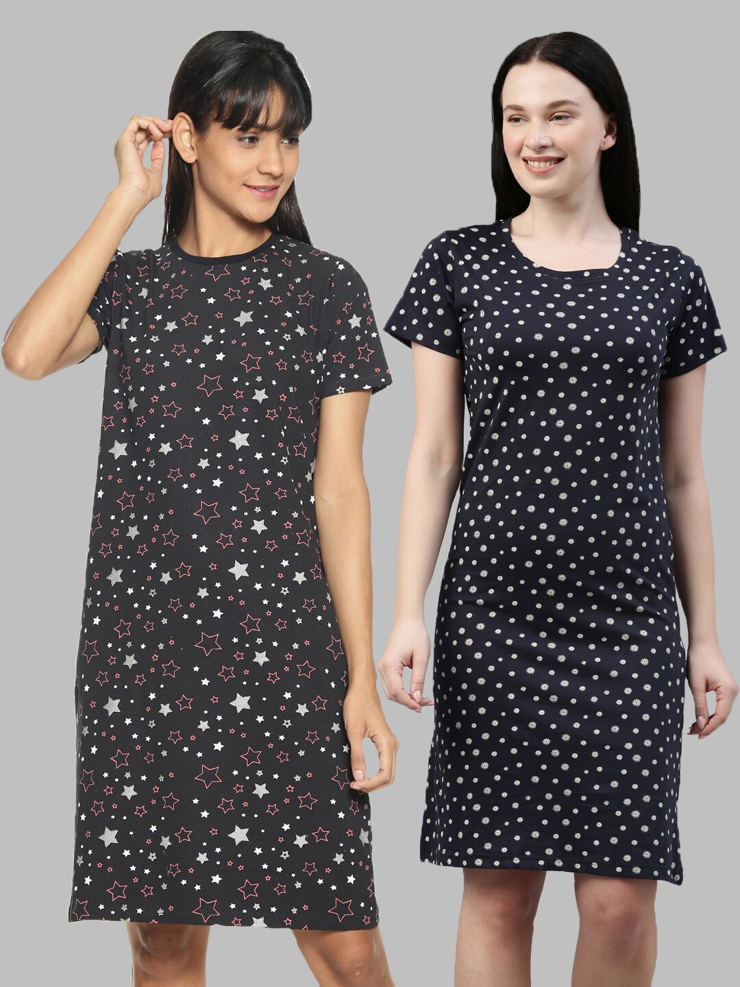 

Kryptic Pack Of 2 Black & White Printed Pure Cotton Nightdress
