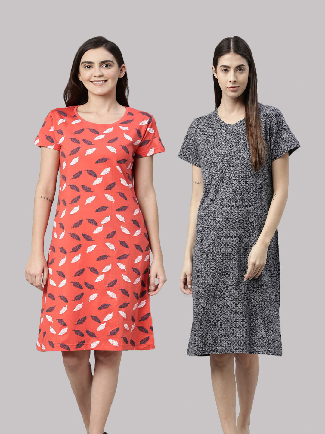 

Kryptic Pack Of 2 Orange & Grey Printed Pure Cotton Nightdress