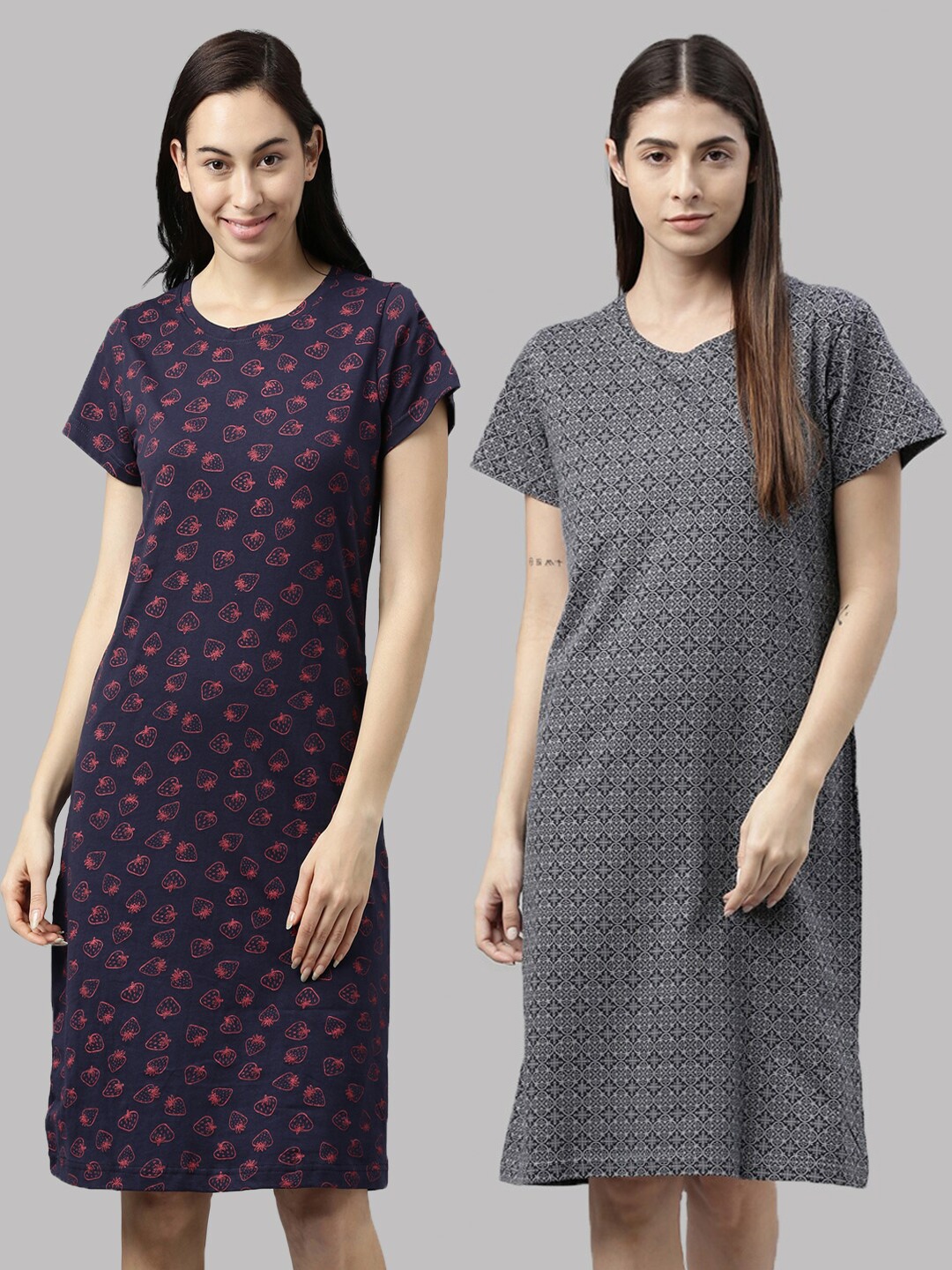 

Kryptic Navy Blue & Grey Pack of 2 Printed Pure Cotton Nightdress