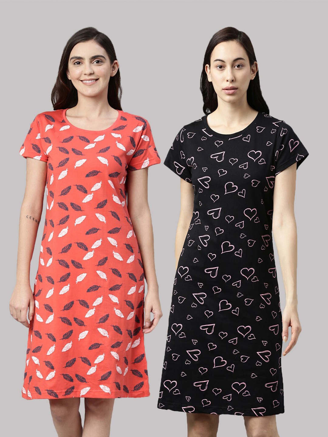 

Kryptic Woman Pack Of 2 Orange & Black Printed Cotton Nightdress