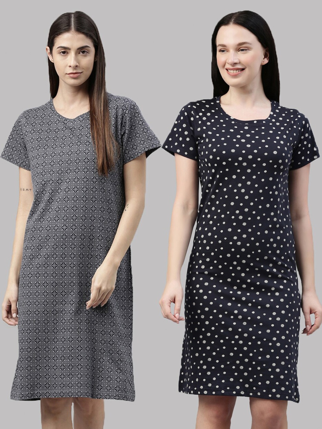 

Kryptic Women Pack Of 2 Printed Nightdresses, Black