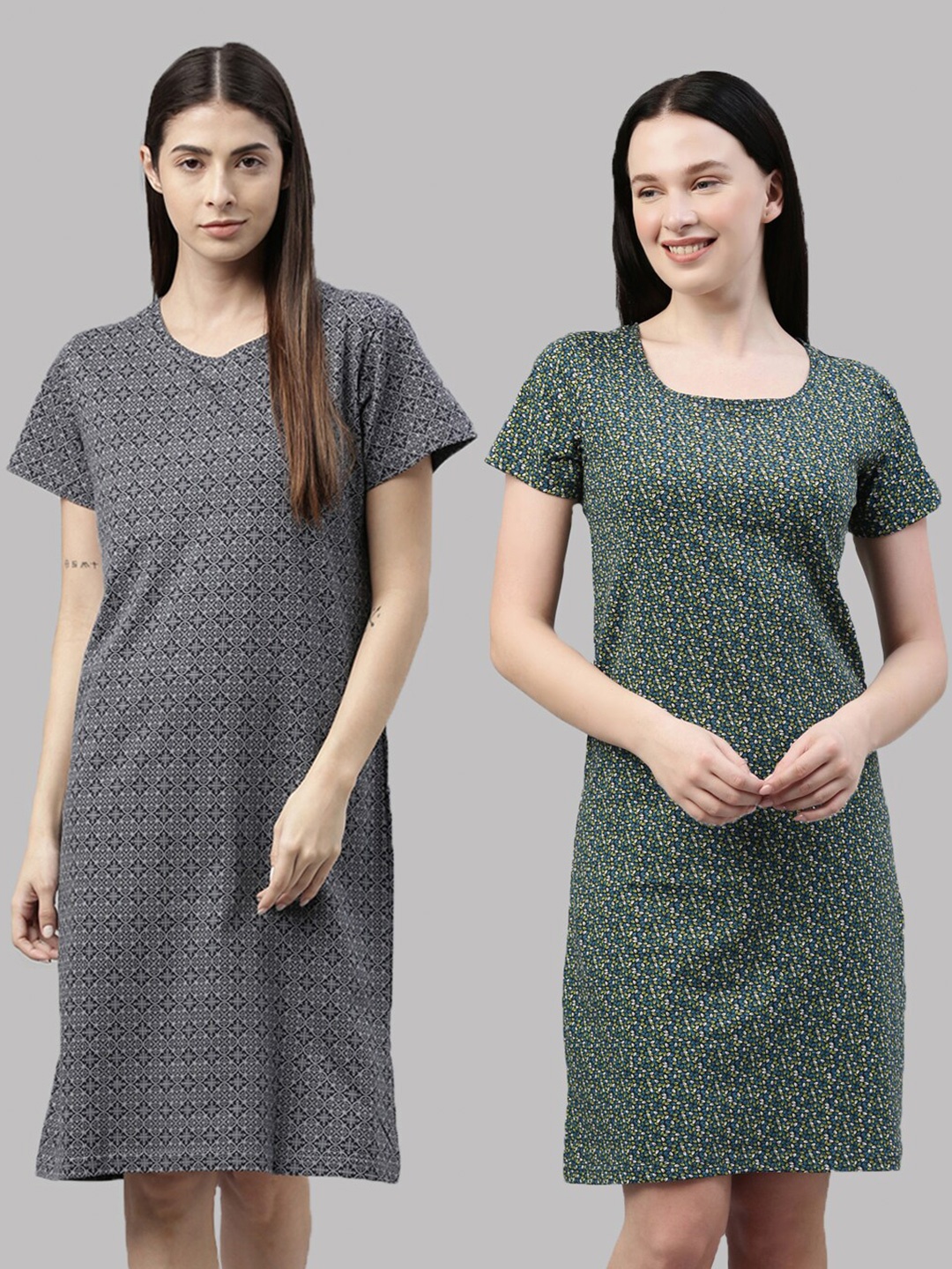 

Kryptic Pack of 2 Grey & Green Cotton Printed Nightdress