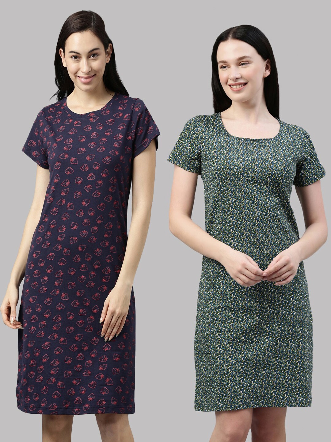 

Kryptic Woman Pack Of 2 Navy Blue & Green Printed Cotton Night Dress