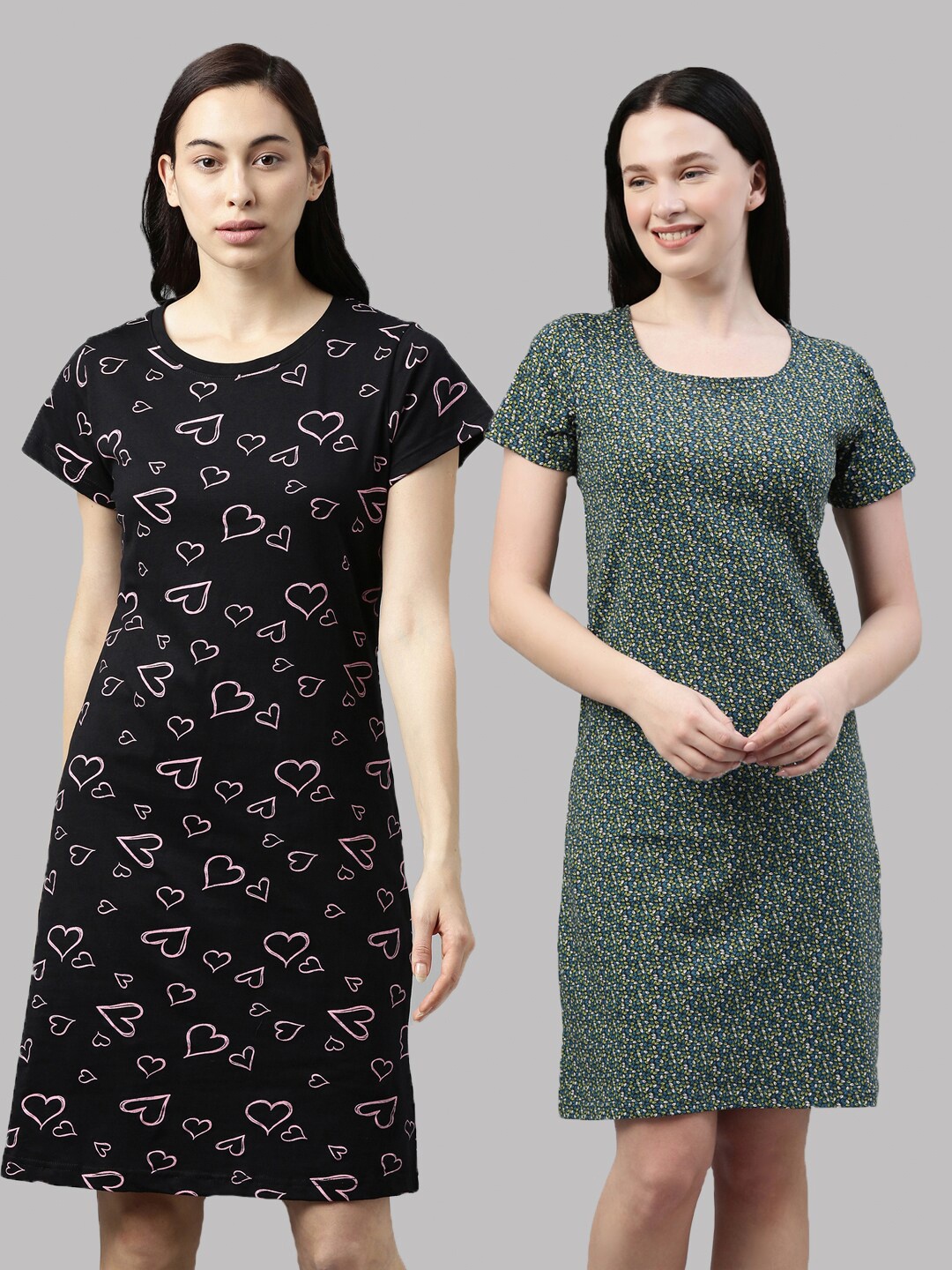 

Kryptic Black & Green Set of 2 Printed Cotton Nightdress