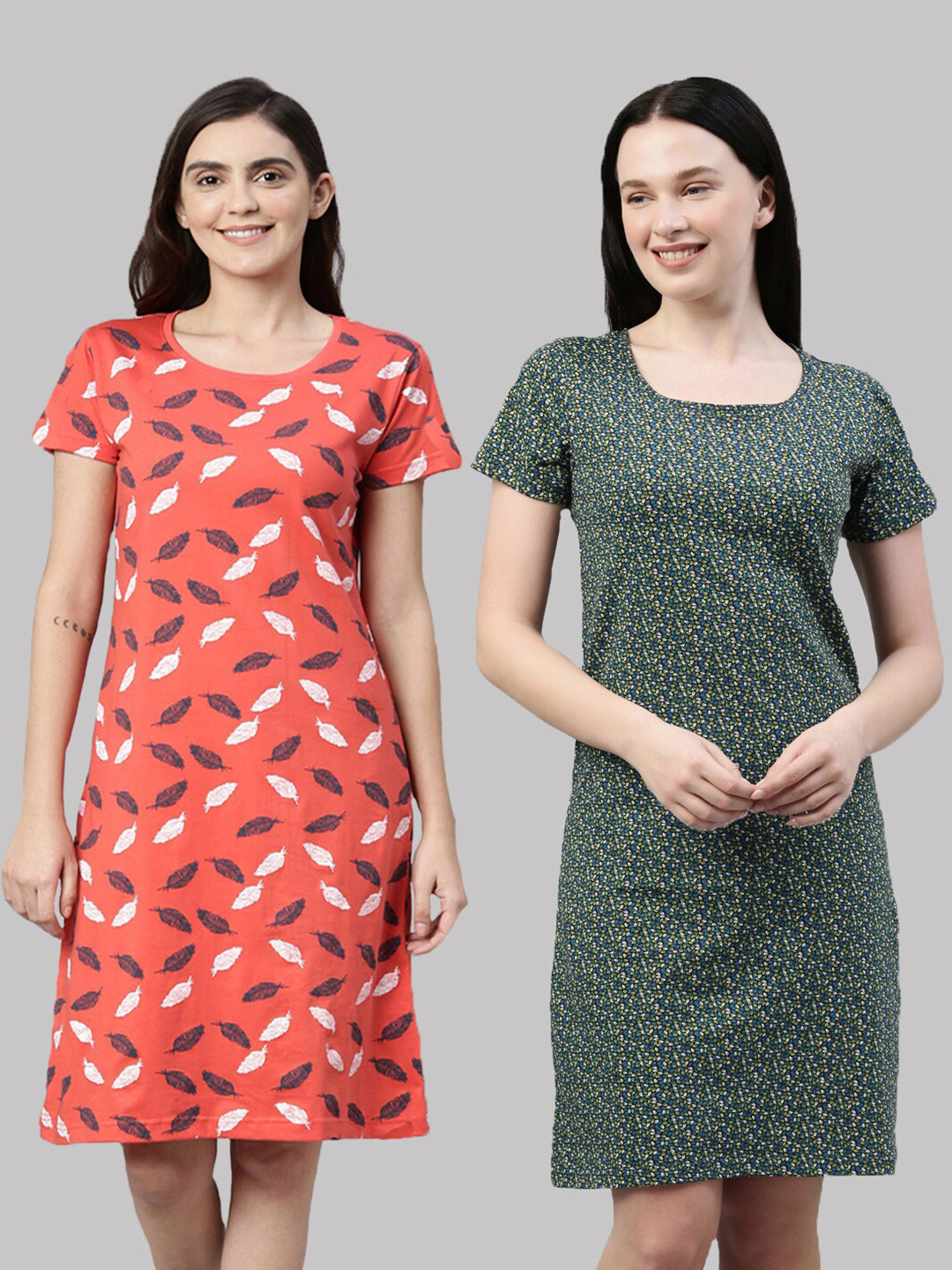 

Kryptic Pack of 2 Orange & Green Floral Printed Pure Cotton T-shirt Nightdress