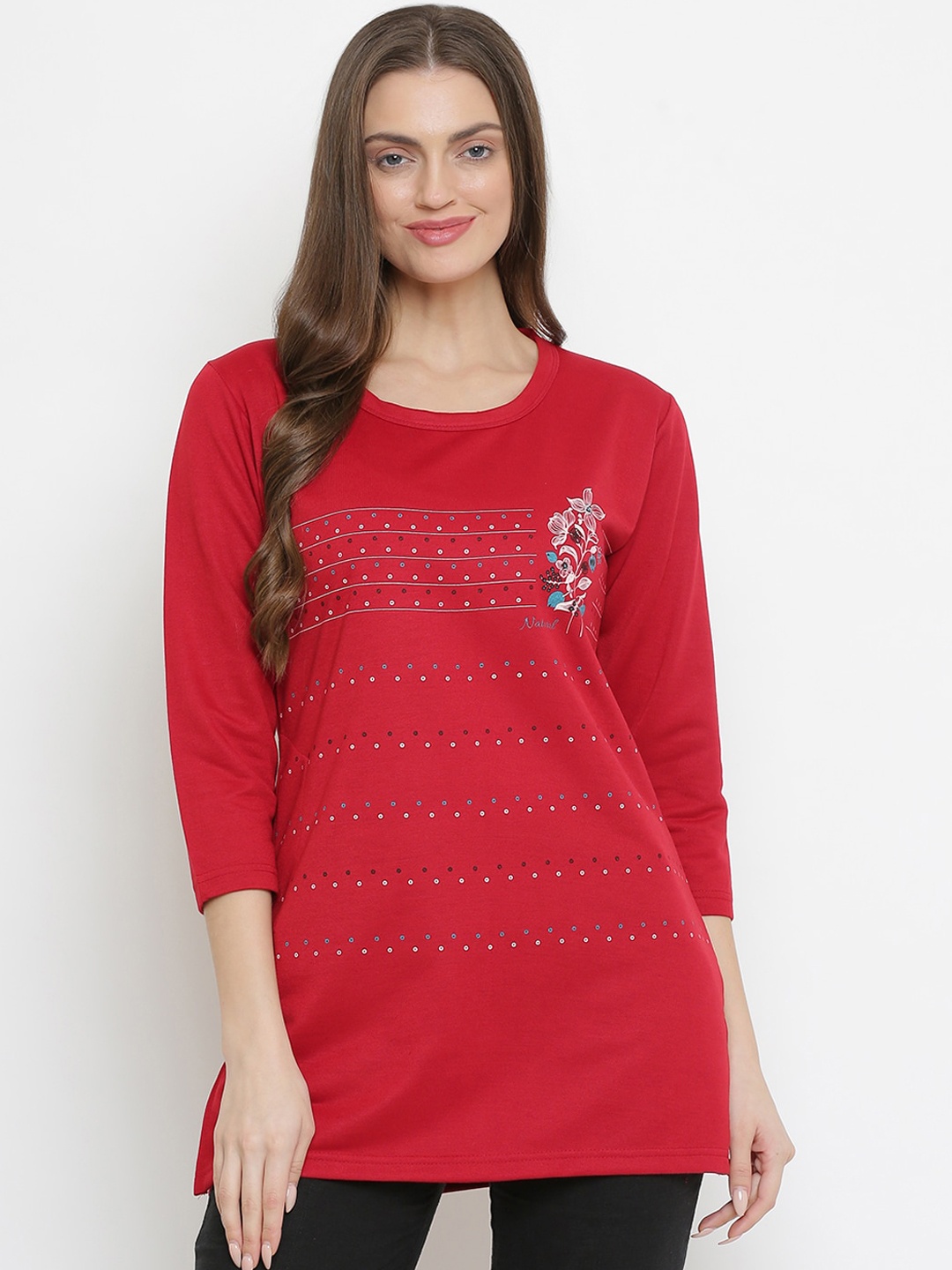 

Duchess Women Red Floral Print Winter Longline Top