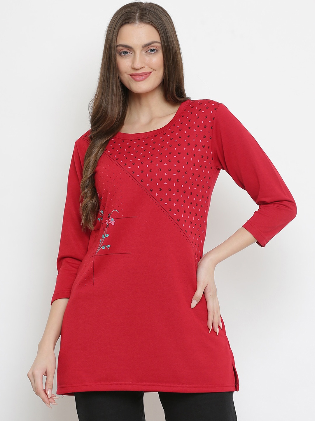

Duchess Women Red Printed Lightweight Winter Long Top