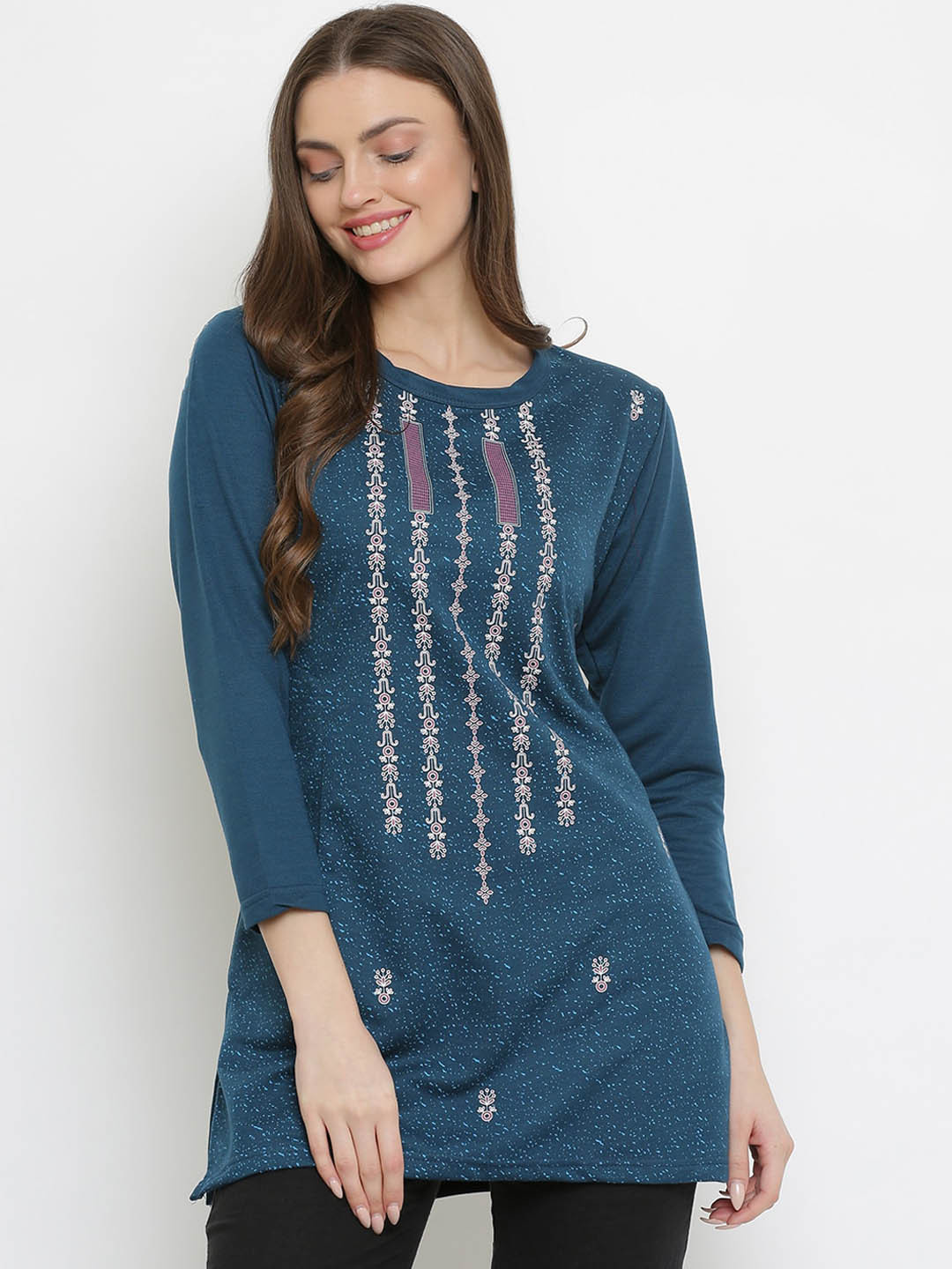 

Duchess Women Blue Printed Lightweight Winter Long Top