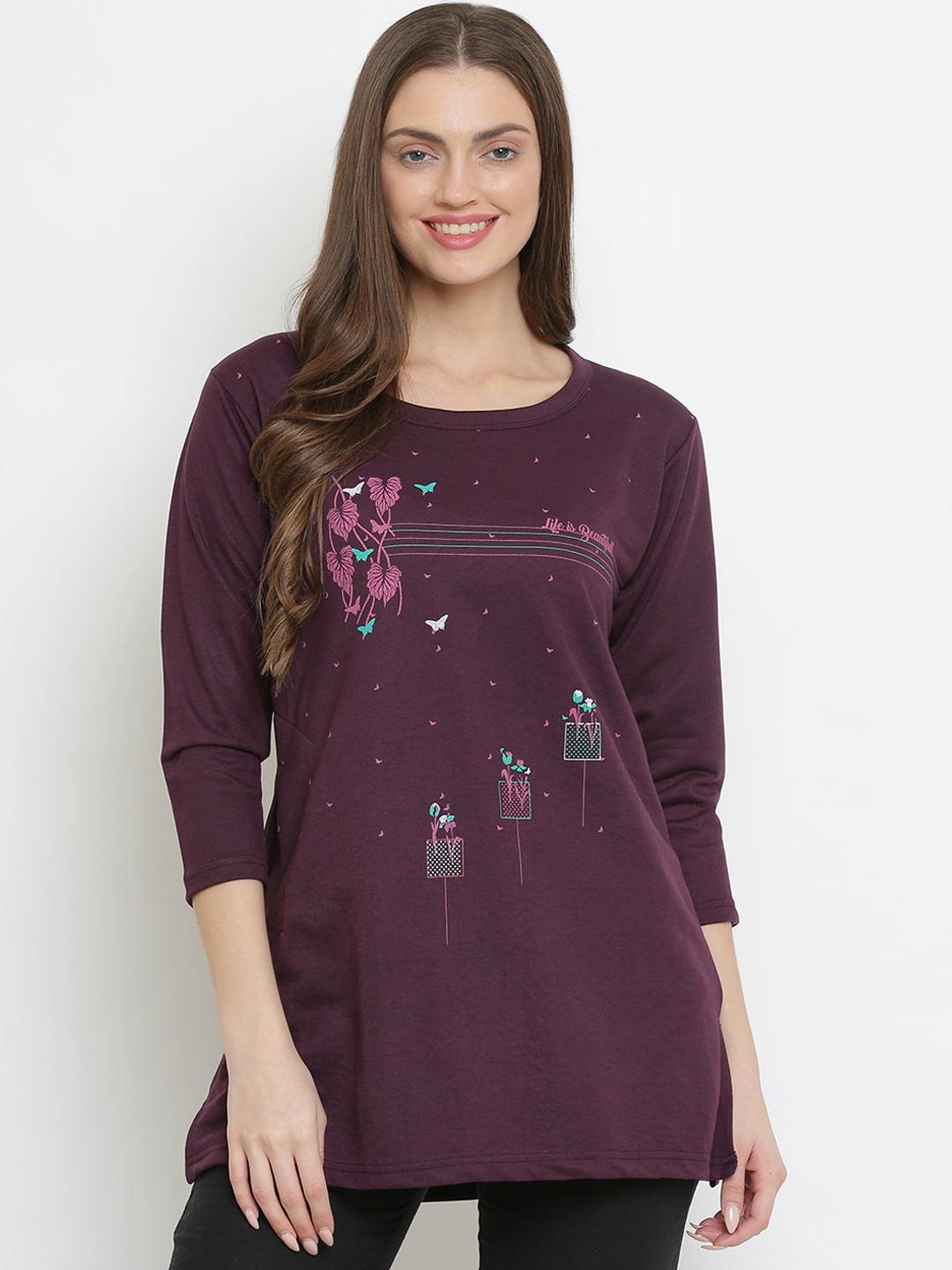 

Duchess Women Burgundy Printed Winter Lounge Tshirt