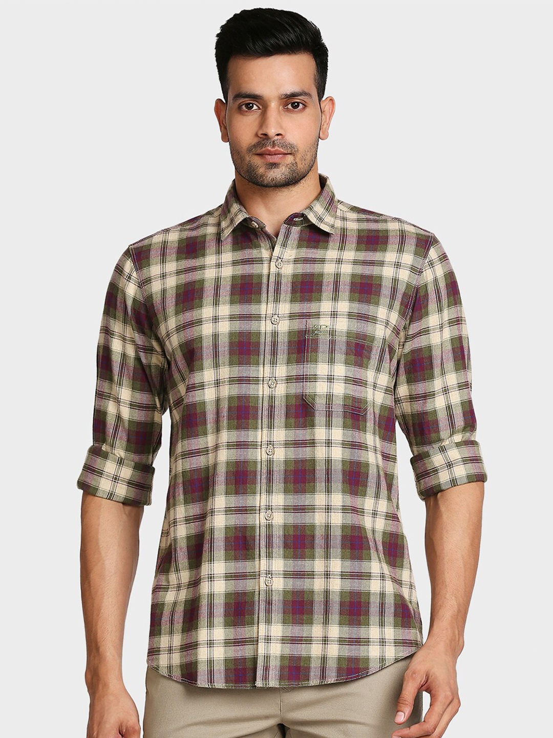 

ColorPlus Men Green & Purple Tailored Fit Checked Cotton Casual Shirt